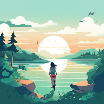Girl riding a bicycle on a lake, vector illustration art. Generative ai