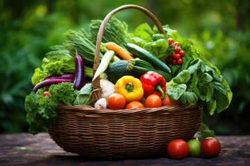 Wicker basket full of assorted vegetables on green leaves background