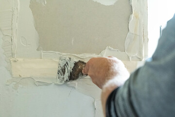 Wall repair home renovation plaster mud painting work interior banner copy space design advertisement