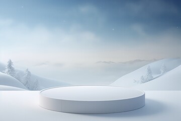 Empty podium, mock up placement display, blank beauty stand for cosmetic product fashion ads on minimal winter snow background