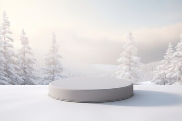 Empty podium, mock up placement display, blank beauty stand for cosmetic product fashion ads on minimal winter snow background