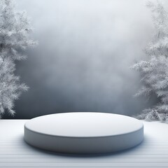 Empty podium, mock up placement display, blank beauty stand for cosmetic product fashion ads on minimal winter snow background