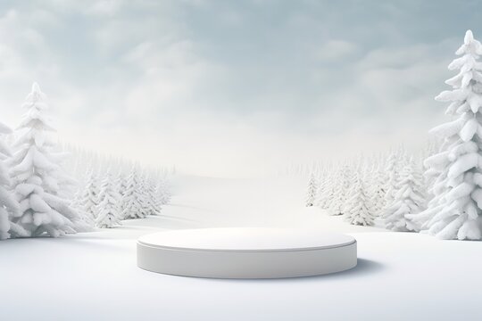 Empty podium, mock up placement display, blank beauty stand for cosmetic product fashion ads on minimal winter snow background