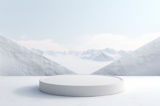Empty podium, mock up placement display, blank beauty stand for cosmetic product fashion ads on minimal winter snow background