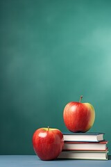 back to school concept red apple and books with a chalkboard on the background with space for text
