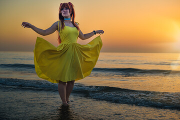 Italian girl cosplay Asuka Langley Soryu from the anime Neon Genesis Evangelion. Woman by the sea...