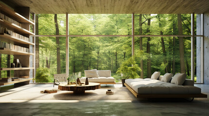 Modern room in house surrounded with forest. Large windows, organic architecture. Generative AI