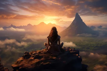 Fotobehang photo of a person sitting on a rock meditating on a beautiful mountain landscape © Pedro