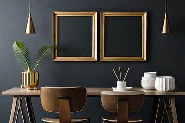 Wooden frame mockup on shelf over black wall with gold vases, blank two photo frame with copy space