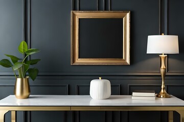 Wooden frame mockup on black wall with gold vases, blank vertical frame