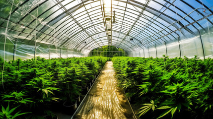 Commercial Cannabis grow in greenhpuse. Rows of plants. Generative AI
