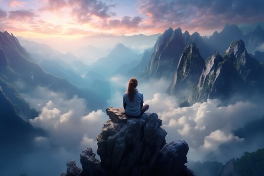 photo of a person sitting on a rock meditating on a beautiful mountain landscape