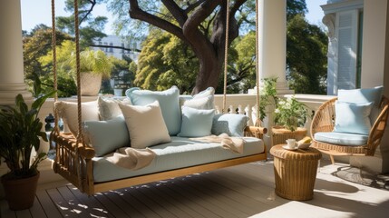 Fototapeta premium Beautiful porch with great swings, in the style of light beige and blue. Generative AI