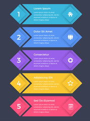 Business infographic design template with five vertical options or steps, process, workflow template, dark background, vector eps10 illustration