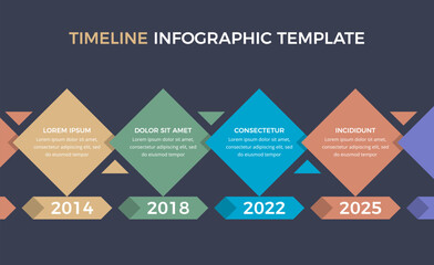Horizontal timeline infographics template with four arrow with place for dates and text, dark background, vector eps10 illustration
