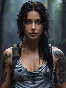 Futuristic beautiful mercenary woman walking in a dark wood, a tattered wet T-shirt, stained and tactical pants, wet hair, black hair, tattooed hands and body,  symmetric face- Generative AI photo