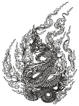 Tattoo art thai dragon hand drawing and sketch black and white