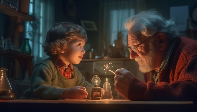 Grandfather shows his grandchildren the magical effects of science, a young student experiments with physics. Generative AI.