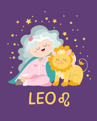 Cute sign zodiac card flat style. Vector illustration with astrological symbol Leo, zodiac sign.