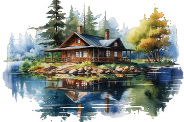 A picturesque lakeside cabin scene, illustrated in watercolor style, isolated on a transparent background for design layouts ai generate