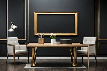 Premium luxury interior of a room with a table and big artwork frame mockup on black wall and gold interior