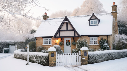 Beautiful country cottage decorated for Christmas on a snowy winter day, holiday and celebration, generative ai