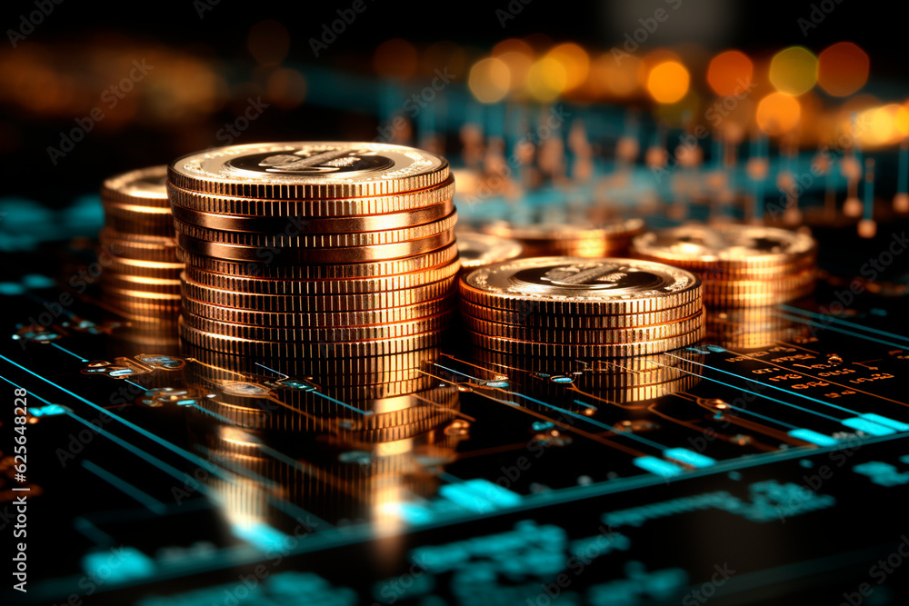 Poster bitcoin coins on the table with blurred background