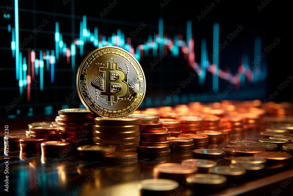 Poster bitcoin coins on the table with blurred background