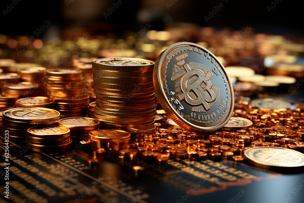 Poster bitcoin coins on the table with blurred background