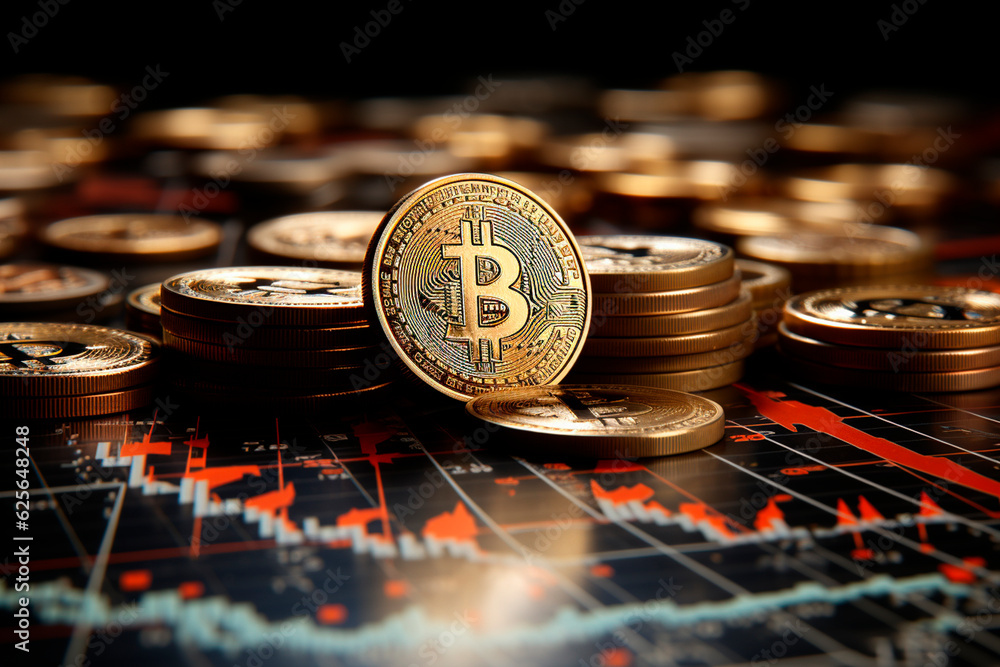 Poster bitcoin coins on the table with blurred background