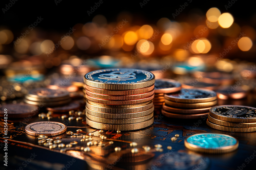 Poster bitcoin coins on the table with blurred background