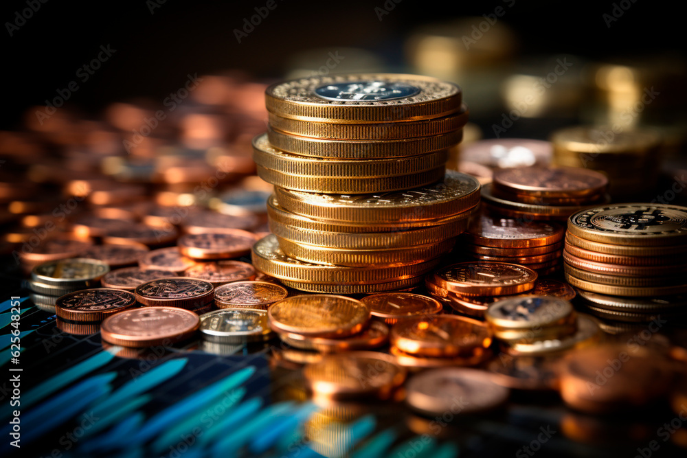 Poster bitcoin coins on the table with blurred background