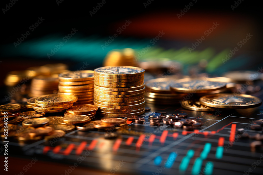 Poster bitcoin coins on the table with blurred background