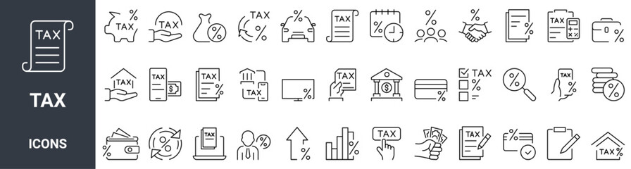 Tax outline icons. taxes, credit and Loan, taxation. Linear icon collection. Editable stroke. Vector illustration