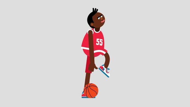 A cartoonish African American basketball player dribbling a ball. Basketball player 2d looped animation with alpha channel
