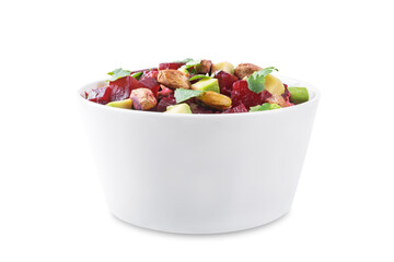 Beet avocado cilantro salad in a bowl on a white isolated background