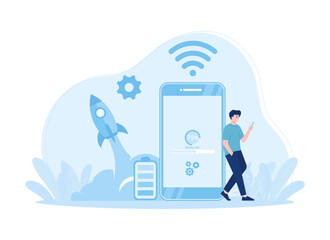 Install the phone device with a wi-fi connection concept flat illustration