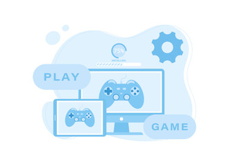 Install games on computers and tablets concept flat illustration
