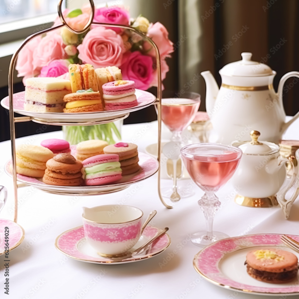 Wall mural Afternoon tea, English tradition and restaurant service, tea cups, cakes, scones, sanwiches and desserts, holiday table decor and afternoon tea stand with pink flowers, generative ai - Wall murals