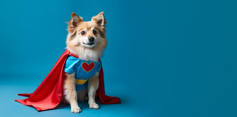 Cute dog in superhero costume with long cape. Copy space at side. Generative AI