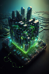 ai generated illustration eco green futuristic city on top of motherboard with glowing light