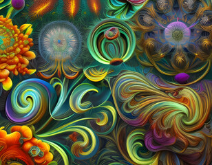 Decorative abstract background in green, orange and purple. Psychedelic flower shapes. Generative AI.