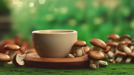 Coffee with mushrooms in green cup on wooden background. Generative Ai