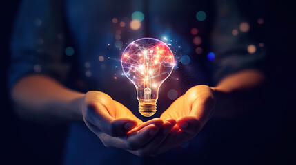 Creative, new ideas and innovation, Hand holding light bulb. Generative Ai