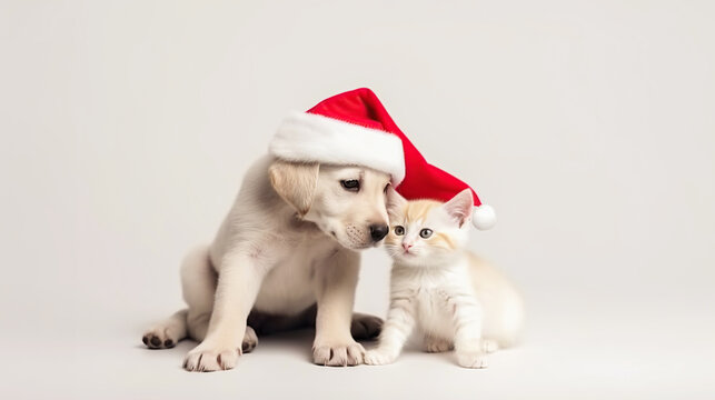 Cute fluffy ginger kitten and puppy in santa claus hat, close-up light background copy space. New Year, holiday concept