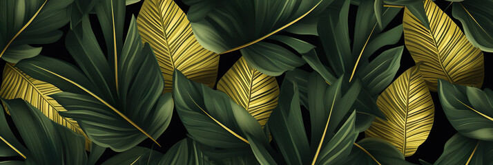Gold and green tropical palm leaves. Luxury Creative nature background. Minimal summer abstract jungle, forest pattern. Panoramic wallpaper, digital ai