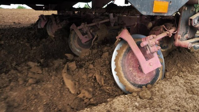 Potato planter machine forms potato row, disc tool buries seed potato in furrow
