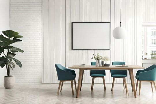 Blank picture frame mockup on white wall. White dining room design. View of modern scandinavian style interior with chair. Horizontal template for artwork, painting, photo or poster