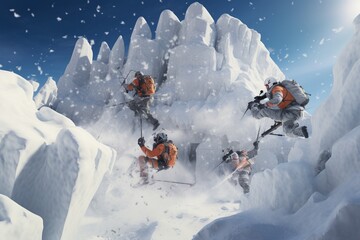 Naklejka na ściany i meble Photograph of people practicing extreme sports in the snow, Generative AI