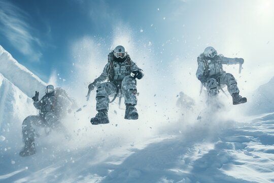 Photograph of people practicing extreme sports in the snow, Generative AI